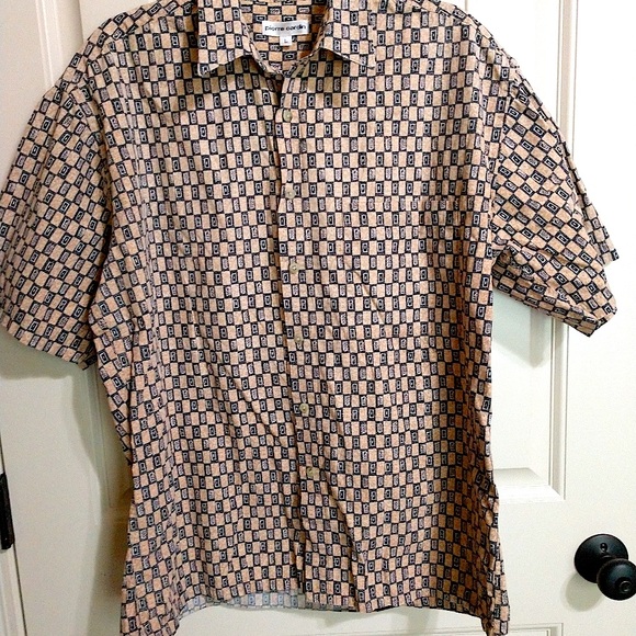 PIERRE CARDIN Button Down Blue & Tan Short Sleeve Large Shirt - Picture 2 of 5